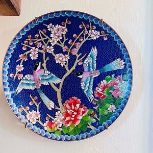 Chinese Bird Cloisonné Plate Ching-t’ai-Ian Artist 1991 Azure Winged Magpie